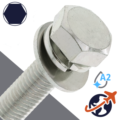 M10X1.5 Hex Head SEMS,LW + Flat Washer OD: 22mm,Stainless