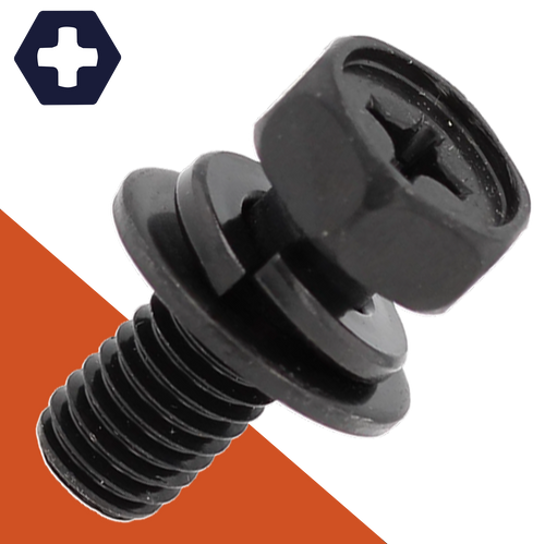 M6X1.0 Hex Phillips SEMS Black Stainless, Flat + Lock Washer