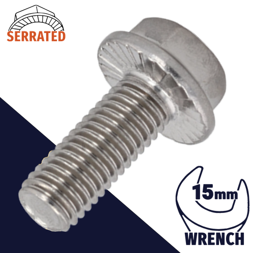 M10X1.5 Serrated Flange Bolt,A2-70 Stainless,DIN 6921 / 15mm Wrench