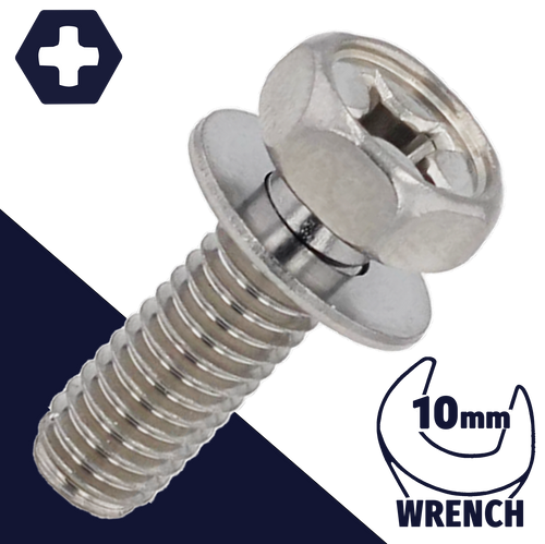 M6X1.0 Hex Phillips SEMS,Stainless Steel,Flat Washer