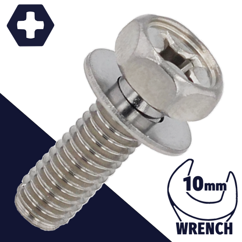 M6X1.0 Hex Phillips SEMS,Stainless Steel,Flat Washer