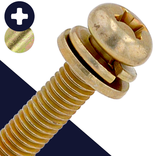 M6X1.0 Pan Phillips SEMS - Steel Yellow Zinc - Flat + Lock Washer