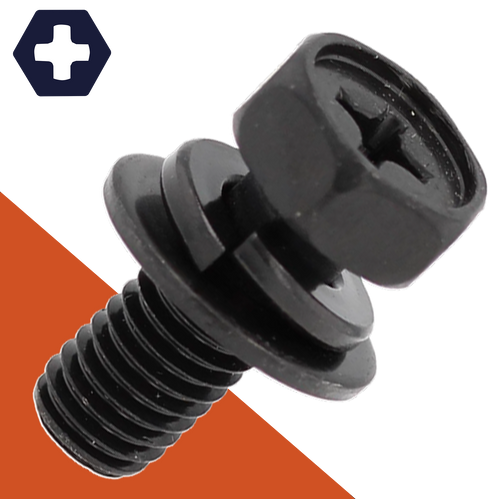 M8X1.25 Hex Phillips SEMS Black Stainless, Flat + Lock Washer