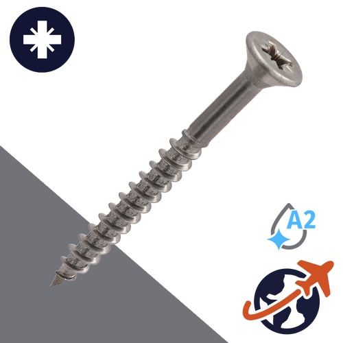 M3.5 Pozidrive Flat Head,Wood Thread,A2 Stainless Steel