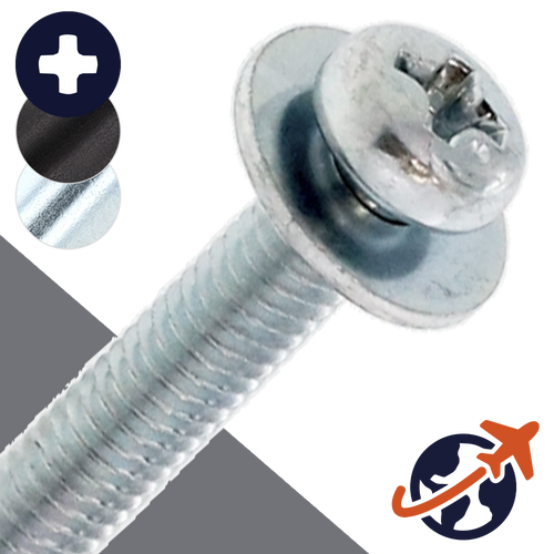 M2X0.4 Pan Phillips SEMS,Flat Washer OD: 6mm,Steel, Zinc Plated