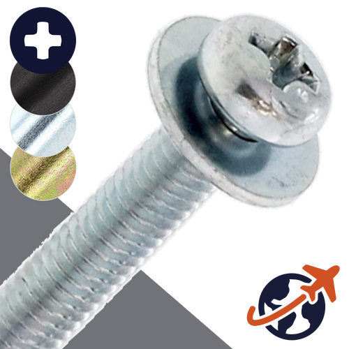 M6X1.0 Pan Phillips SEMS,Flat Washer OD: 13mm,Steel, Zinc Plated