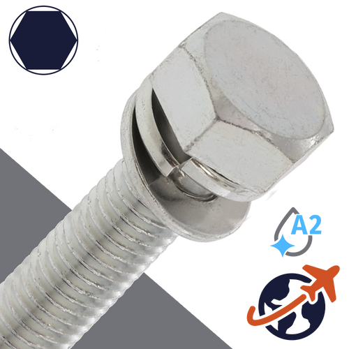 M10X1.5 Hex Head SEMS,LW + Flat Washer OD: 18mm,Stainless