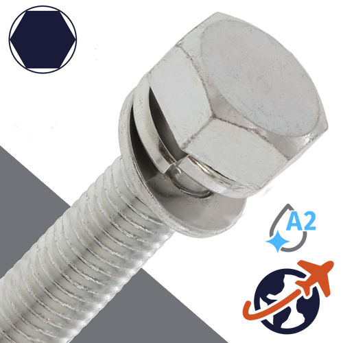M10X1.5 Hex Head SEMS,LW + Flat Washer OD: 18mm,Stainless