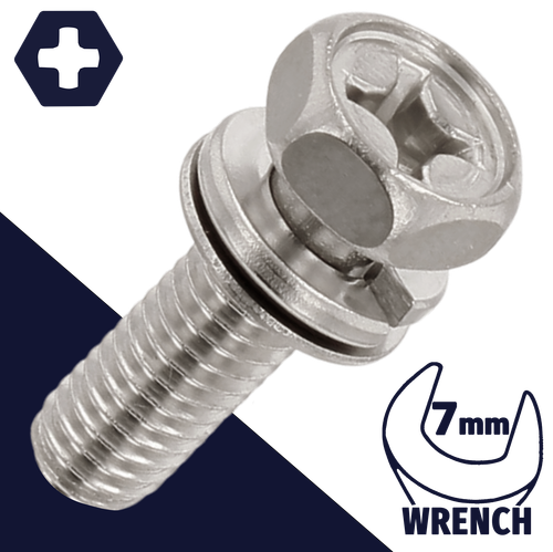 M4X0.7 Hex Phillips SEMS Stainless, Flat + Lock Washer