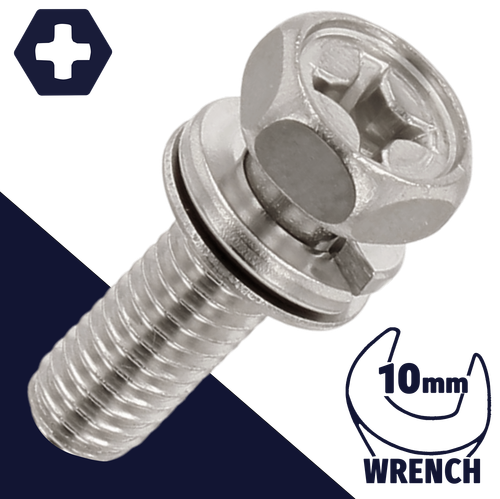M6X1.0 Hex Phillips SEMS Stainless, Flat + Lock Washer