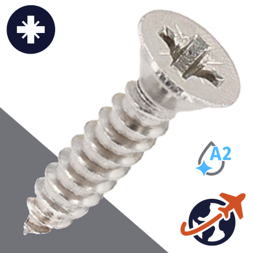 M3.9 Pozidrive Flat Tapping - A2 Stainless DIN 7982-C