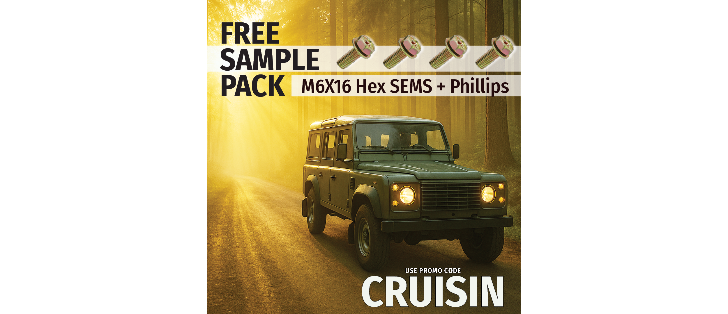 An SUV in a forest. Use Promo Code CRUISIN for FREE SEMS samples