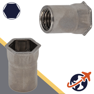 Rivet Nut Countersunk - A2 Stainless - Open End Semi-Hex Head - BelMetric