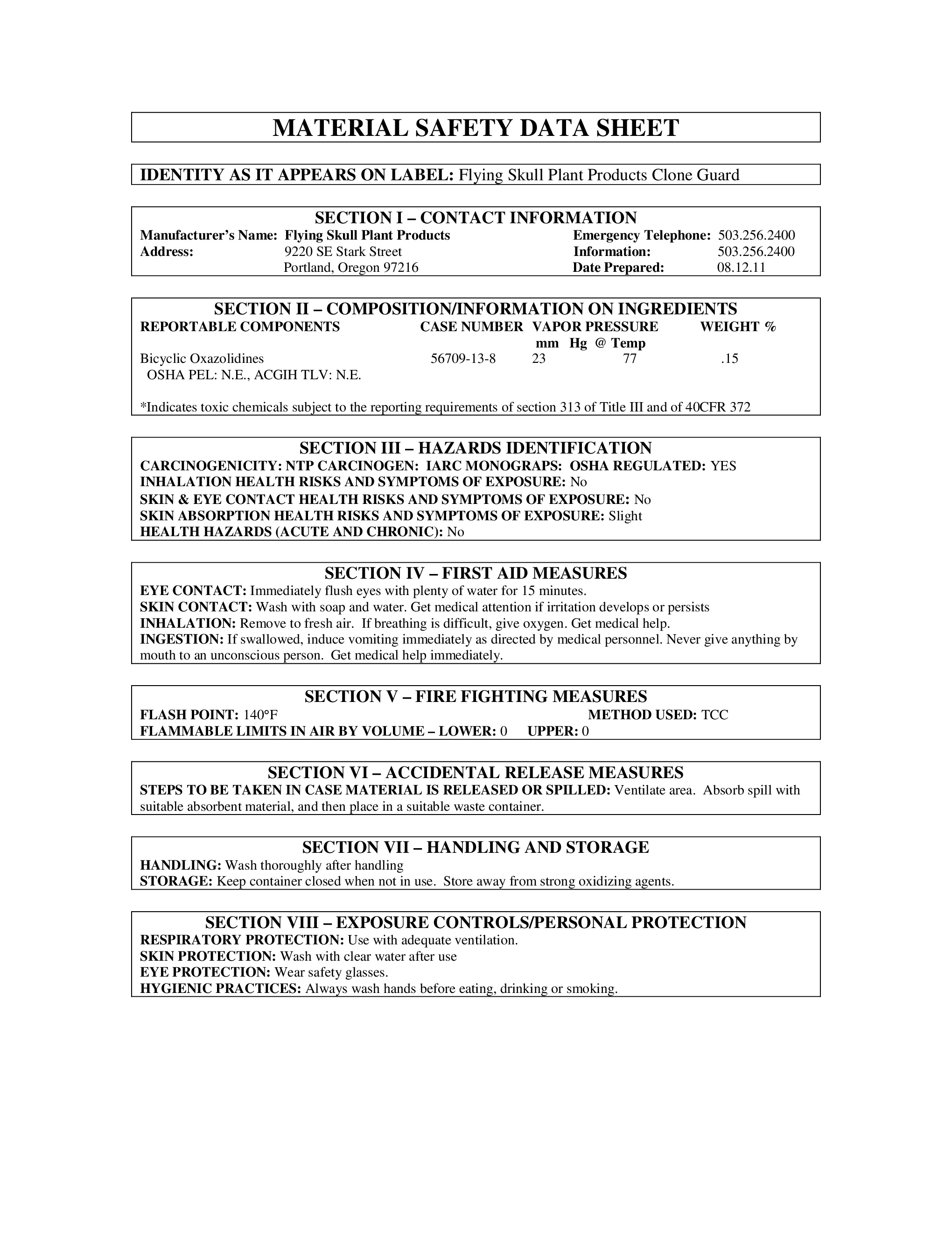 Clone Guard Safety Data Sheet p1