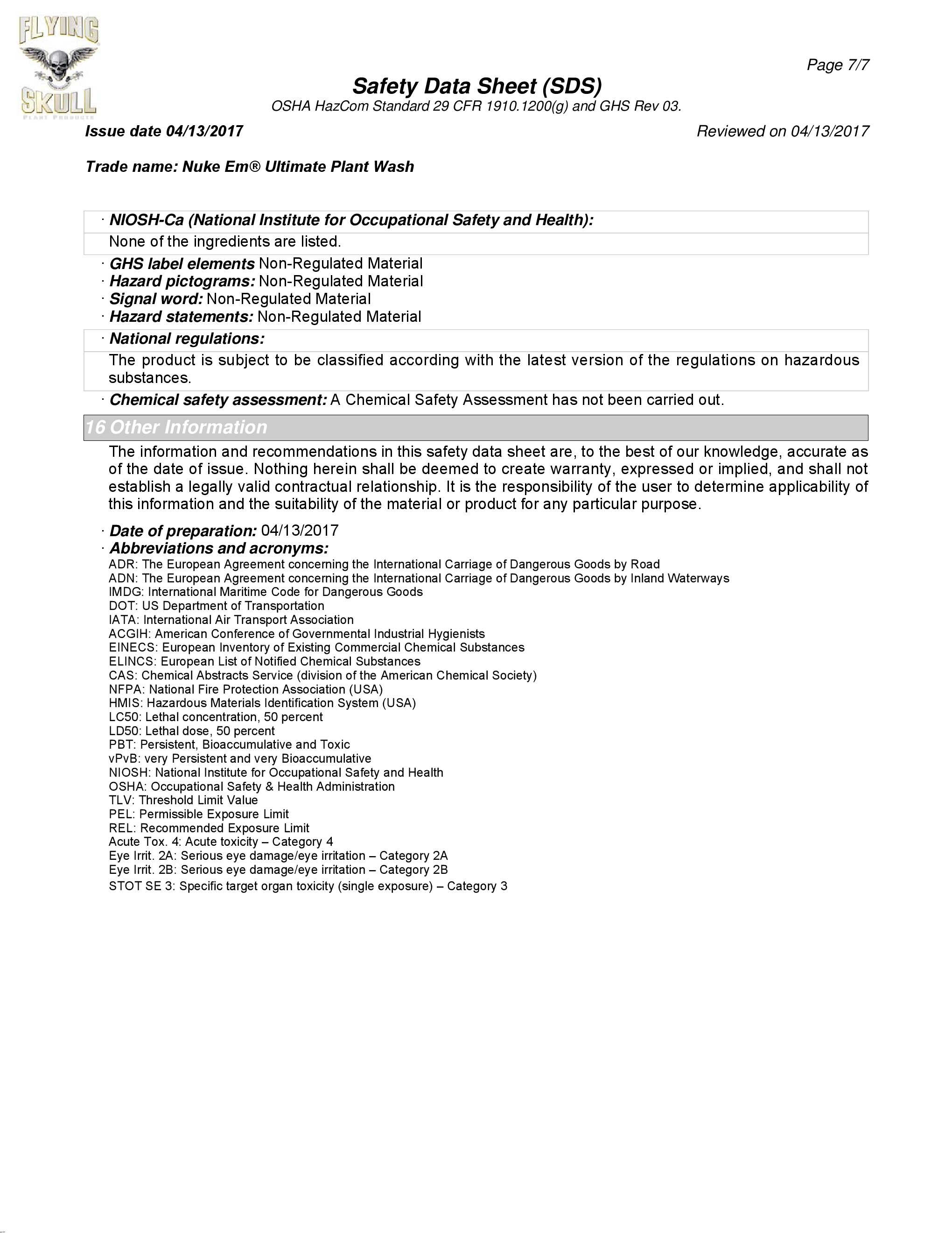 Flying Skull Nuke Em Safety Data Sheet page 7