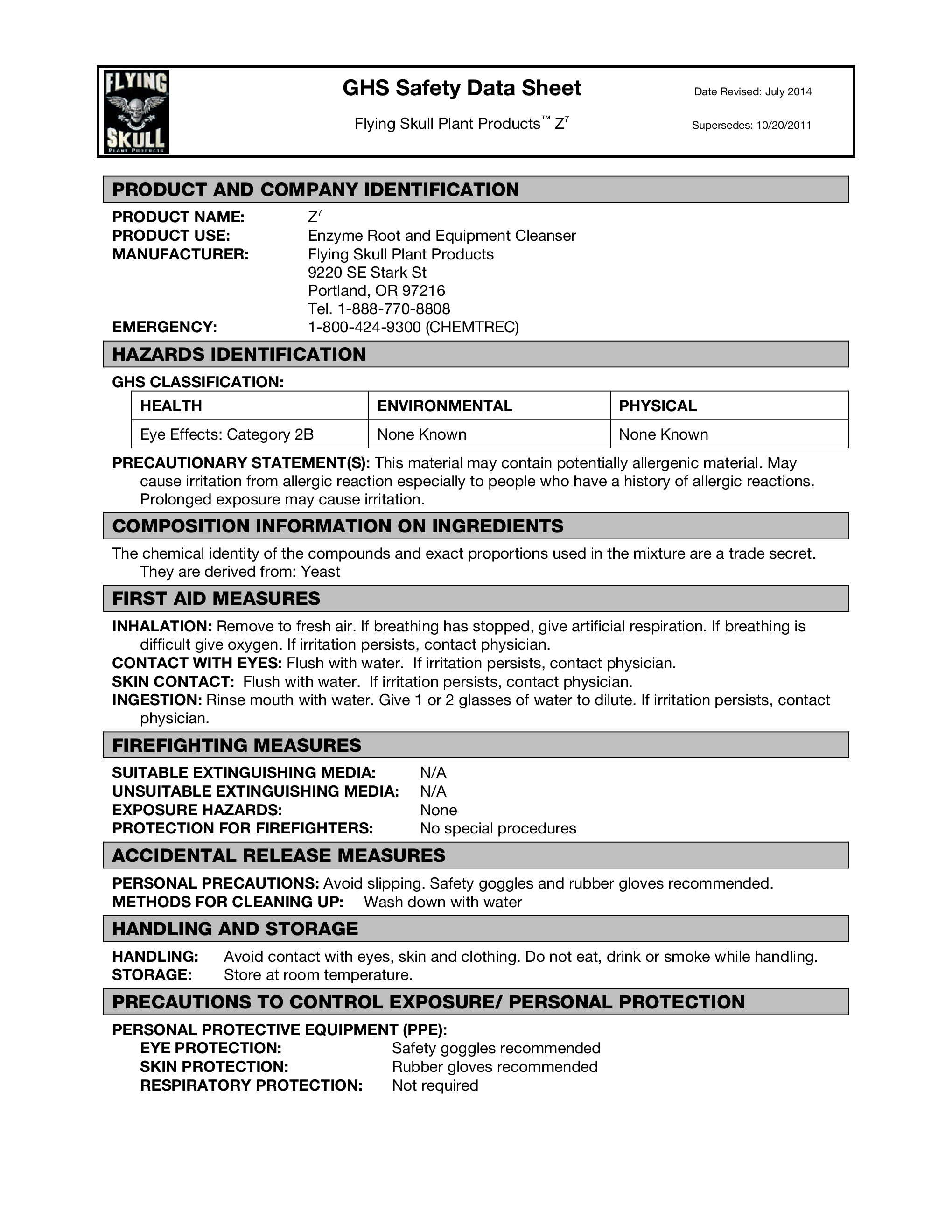 Flying Skull Z7 Safety Data Sheet page 1