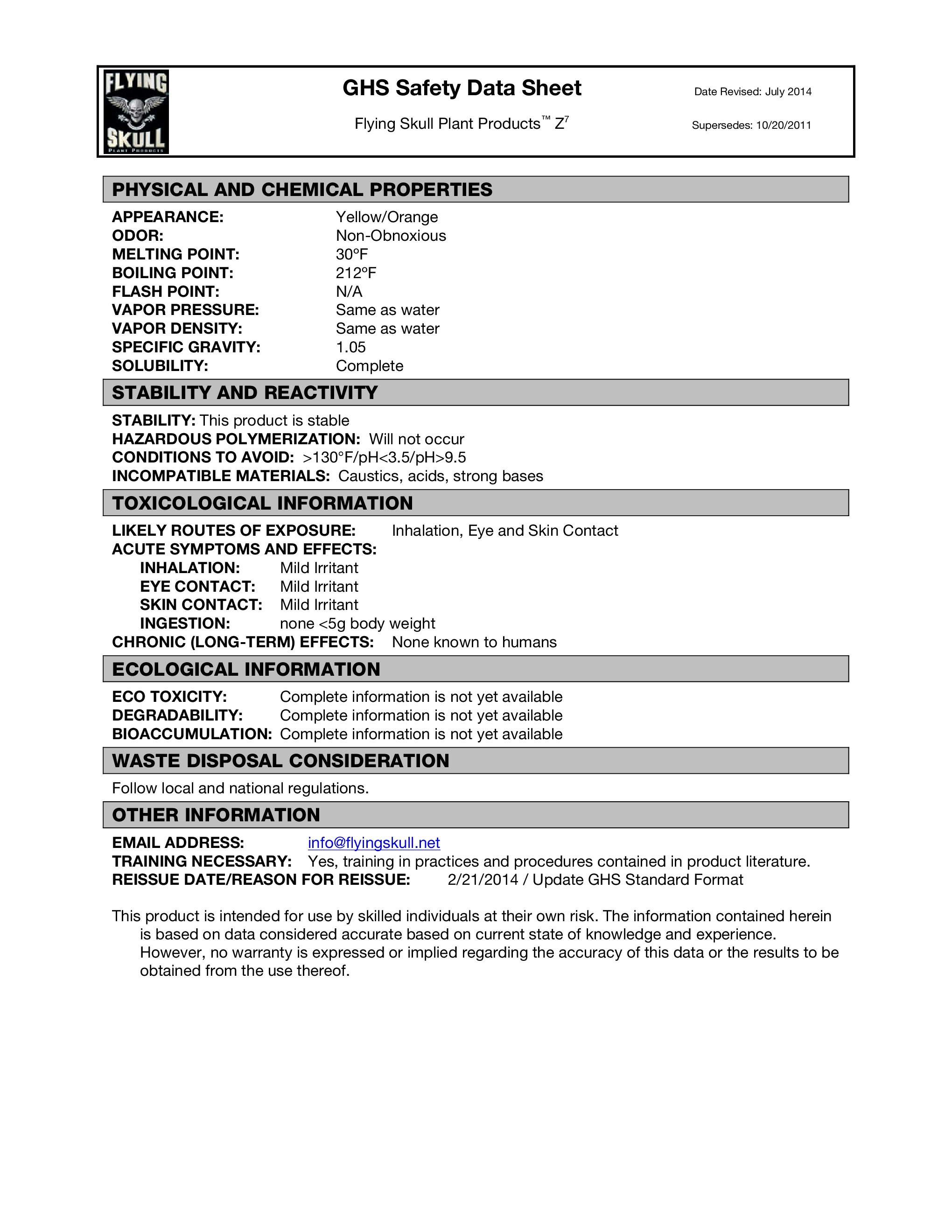 Flying Skull Z7 Safety Data Sheet page 2