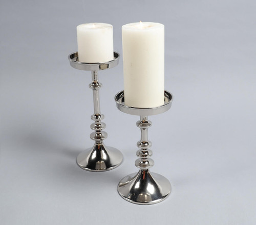 Sand Cast Aluminium Vintage Pillar Candle Stands (Set of 2)