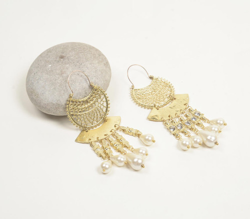 Pearl & Gold-Toned Feligree Dangle Earrings