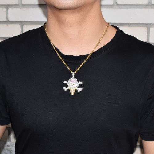 Skull ice cream shape Necklace& Pendant Free Rope Chain Gold Color AAA Cubic Zircon Men's Hip Hop Jewelry For Gift