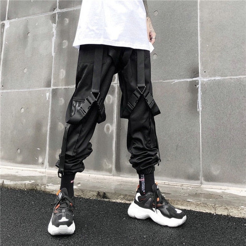 Streetwear Cargo Pants Men Harajuku Tactical Pants Ribbon Multi-pocket Trousers Women Elastic Waist HipHop Male Black Pant