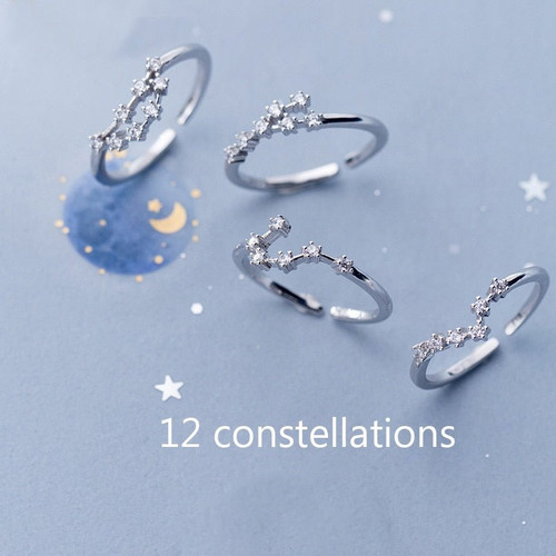 12 Zodiac Sign Constellation  Rings CZ Opening Fashion Jewelry Pure Silver Color Finger Ring Women Best Birthday Gift Wedding