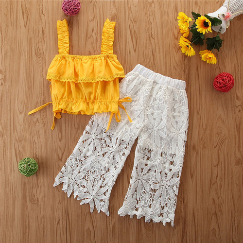 Yellow Vest White Pants 2pcs Girls Summer Clothes Lace Flower Sweet Kids Suits for Girl Baby Toddler Children Costume