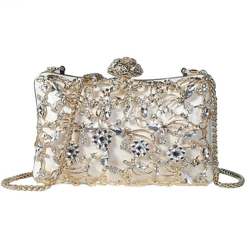 Rhinestones Hollow Fashion Lady Evening Bags Metal Flower Design Diamonds Clutch Shoulder Chain Party Wedding Female New Handbag