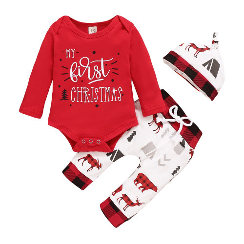 Christmas Baby Outfits 2020 Winter Cotton 3Piece Set Bodysuit+Pants+Hat Xmas Print Long Sleeve Baby Clothes for Boy Girl D30