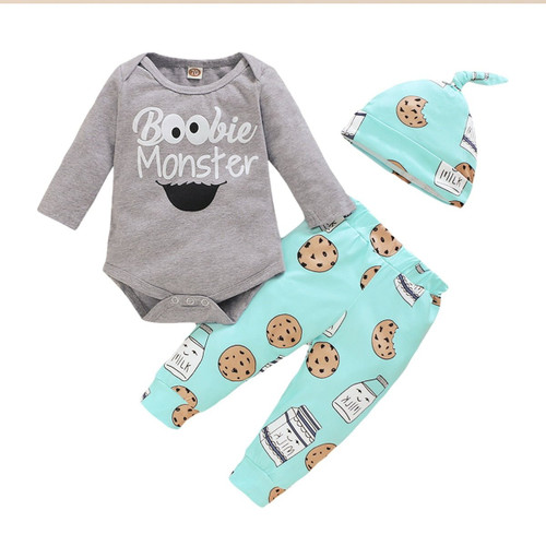 Cotton Printed Newborn Baby Boys Girls Clothes Sets Winter Long Sleeve Bodysuits And Pants Hat Casual Infant Girls Outfits D30