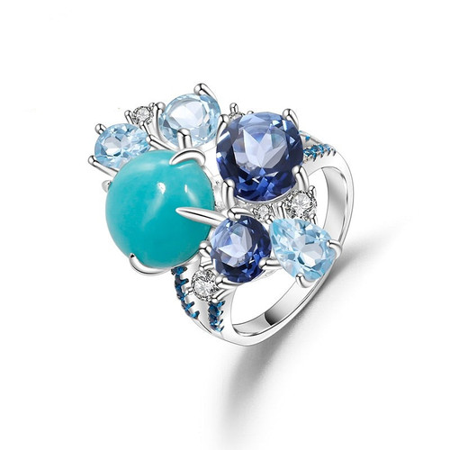 925 Sterling Silver Statement Rings Natural Amazonyte Blue Topaz Gemstone Candy Ring for Women Fine Jewelry