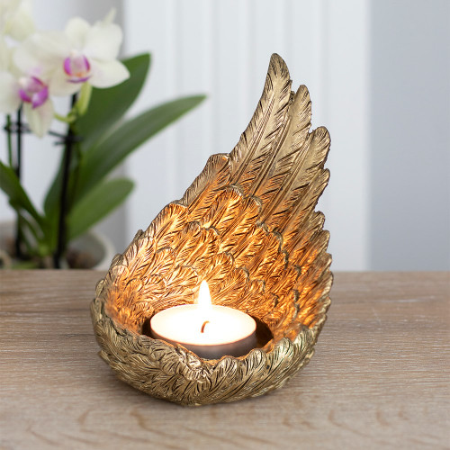 Gold Single Raised Angel Wing Candle Holder