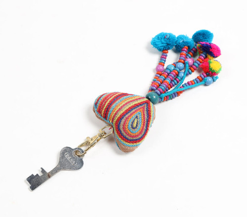 Fluttering Heart Beaded Pom-Pom Keychain