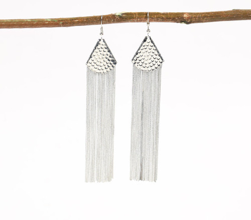 Hammered Silver-Toned Metal Shoulder-Duster Earrings