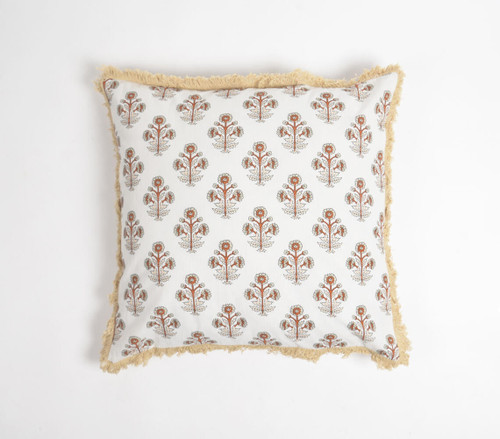 Block Printed Floral Cotton Fringed Cushion Cover