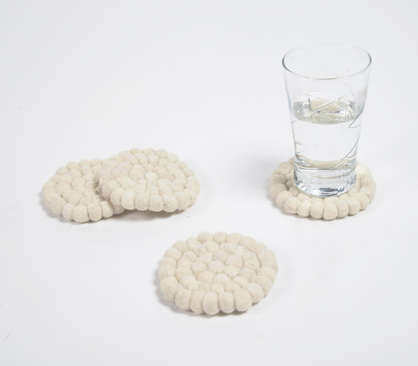 Clustered Cream Felt Pom-Pom Coasters (Set of 4)