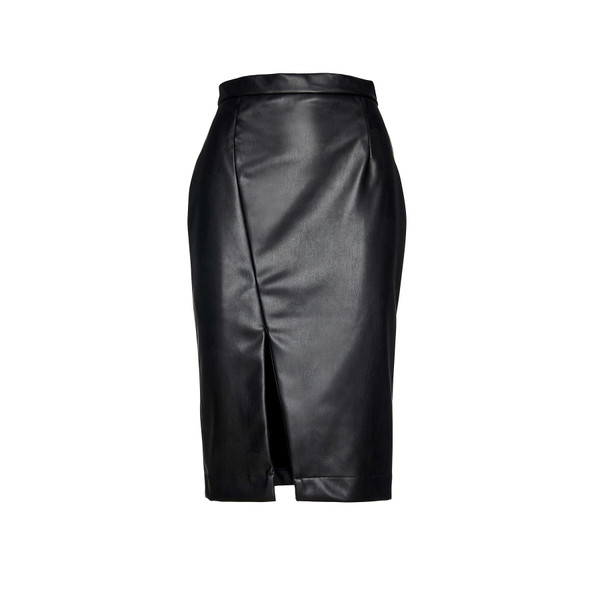 Black Faux Leather Pencil Skirt by Conquista Fashion