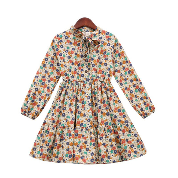 Floral Girls Dress Spring Fall Kids Dresses for Girl Long Sleeve Bow Toddler Teens Children Princess Costume