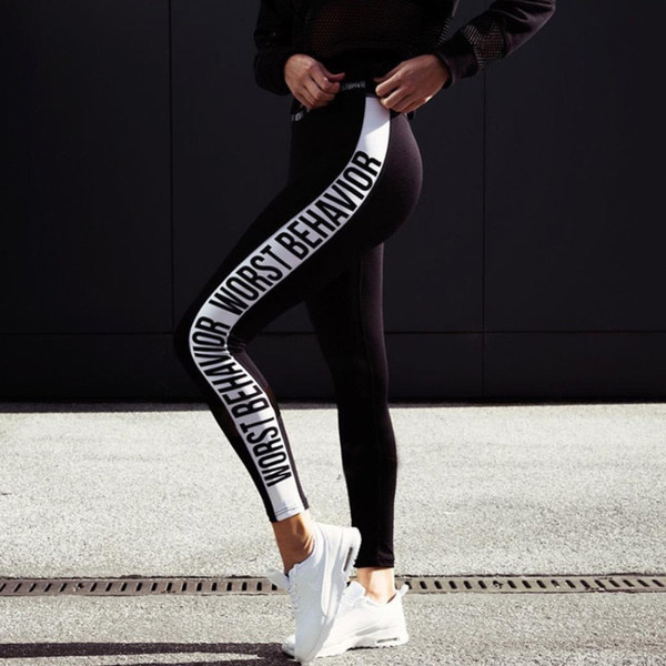 Slim Black Color White Letters Fashion Push Up Workout Leggings Slim Polyester V-Waist Jeggings Women WORST BEHAVIOR letters