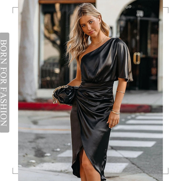 Sexy Party Silk Robe Satin Dress For Women Short Sleeve One Shoulder High Split Ruched Evening Dresses 2022 Autumn