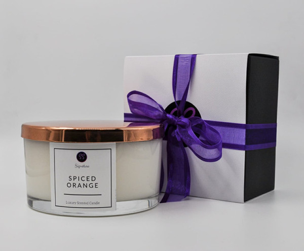 Spiced Orange 3 Wick Large Candle With Rose Gold Lid.