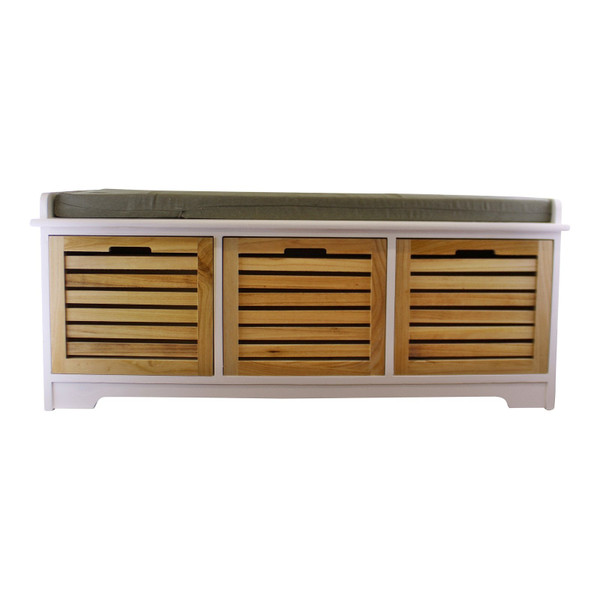 White & Natural 3 Drawer Storage Bench With Grey Cushion