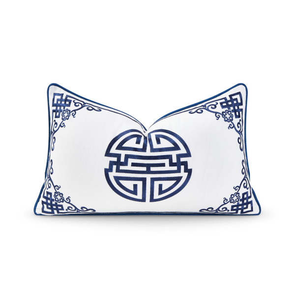 Coastal Hampton Style Indoor Outdoor Lumbar Pillow Cover, Embroidered Longevity Symbol, Navy Blue, 12"x20"