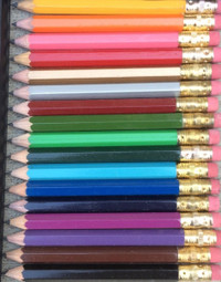 ExplicitlyYoursPencils.com sells custom printed, personalized Golf pencils with Erasers that hold up to 18 characters including spaces and punctuation per text line. Custom printed Golf pencils with erasers are sold by the dozen starting with one dozen golf pencils with erasers. The colors shown from top to bottom are:  Yellow, Orange, Pink, Red, Gold, Silver, Burgundy, Regular Green, Bright Green, Dark Green, Light Blue, Royal Blue, Navy, Plum, Heather, Brown and Black.  Some pencil colors may be sold out. Subject to availability.