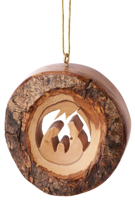 C27 - Round Carved Bark Ornament with Holy Family - 2.5"