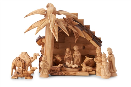 CR06B-NS06-CM07 - Mini Olive Wood Stable with 3D Palm Tree and Nativity set with Traditional Figures and 3 Camels
