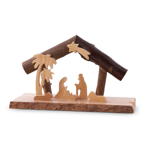 E35 - Grotto with bark branches and laser cut holy family - 3.75" tall