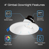 4" Round Regressed Sloped Gimbal Downlight, 8W, 650 Lumens, 5CCT Adjustable (2700K, 3000K, 3500K, 4000K, 5000K), CRI>90, Dimmable, Wet Location, White Finish