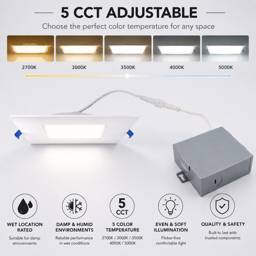 4" Square LED Slim Profile Recessed Downlight – 9W, 600 Lumens, 5CCT Adjustable, White Finish