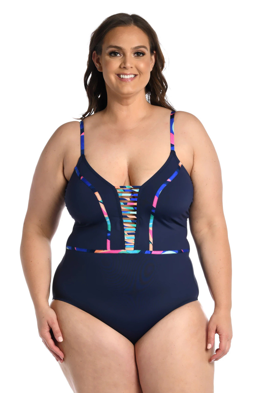 LA BLANCA PAINTED LEAVES PLUNGE ONE PIECE (16W-20W) - Birthday Suits